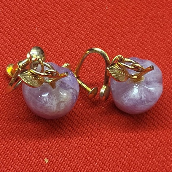 Vintage Amethyst Apple Purple Gemstone Earrings Gold Tone Adjustable Screw Earr - Picture 4 of 11